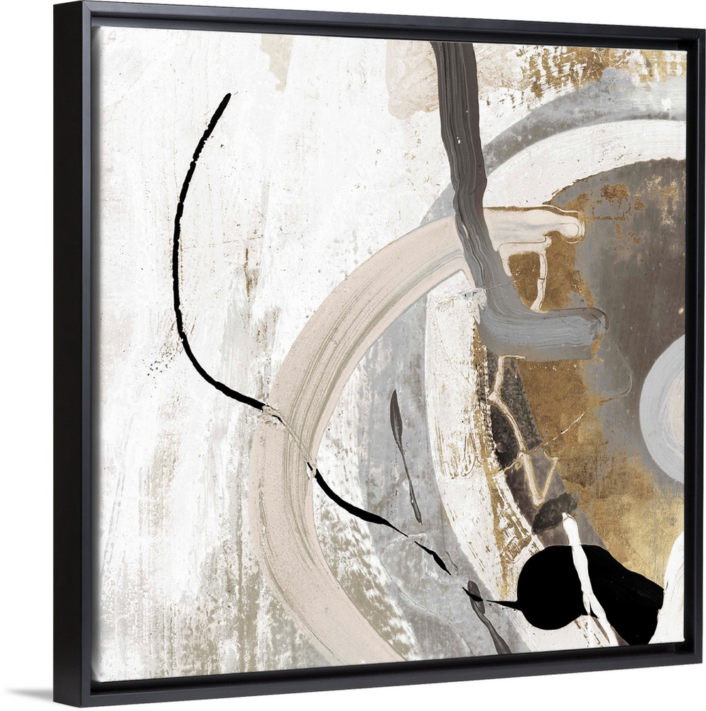 A Square abstract painting featuring shades of brown, black and white.