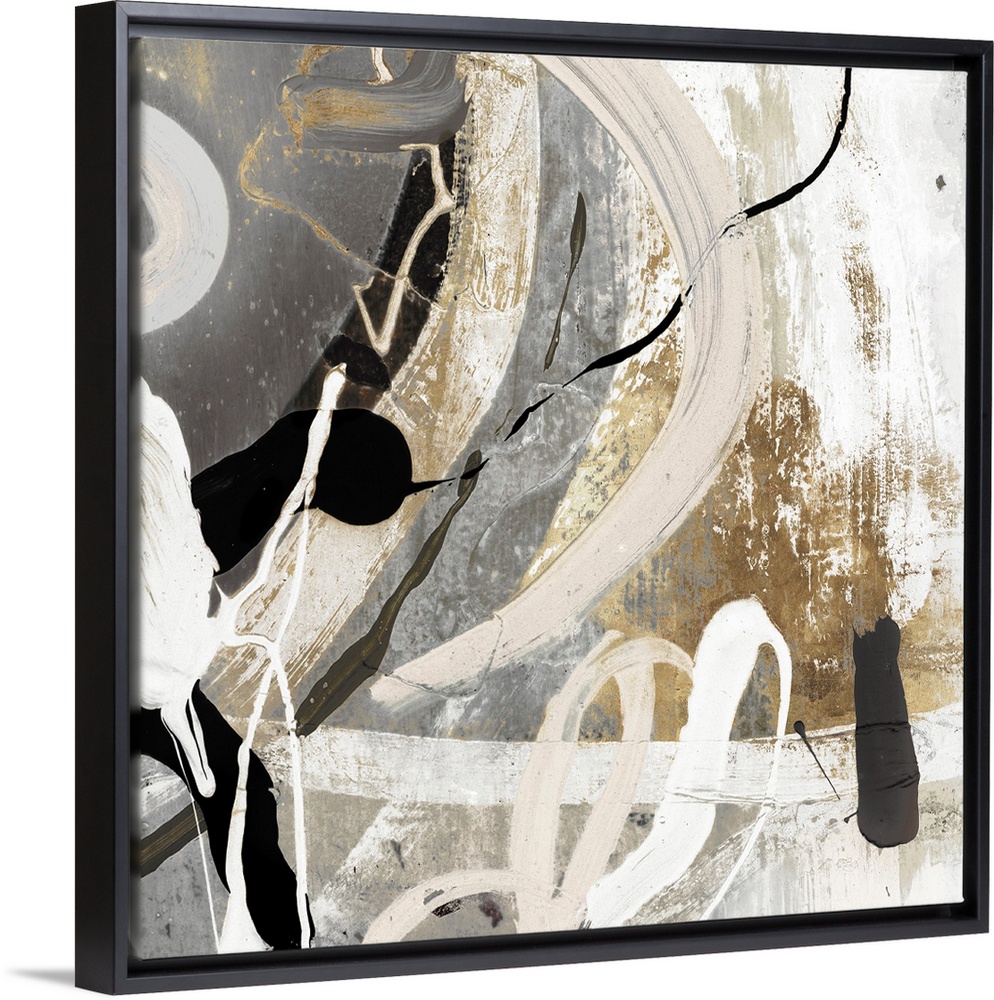 A Square abstract painting featuring shades of brown, black and white.