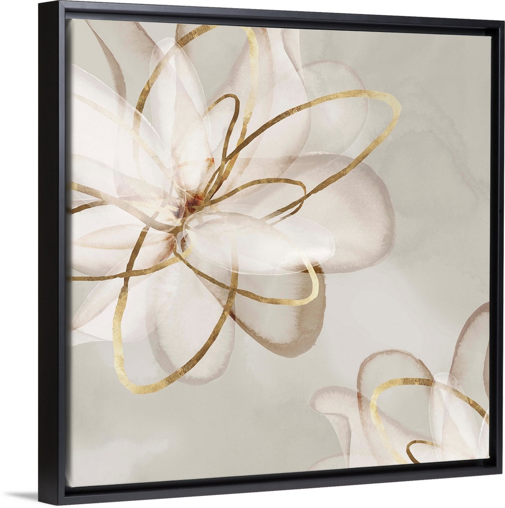 Abstract watercolor painting of flowers with gold accents.