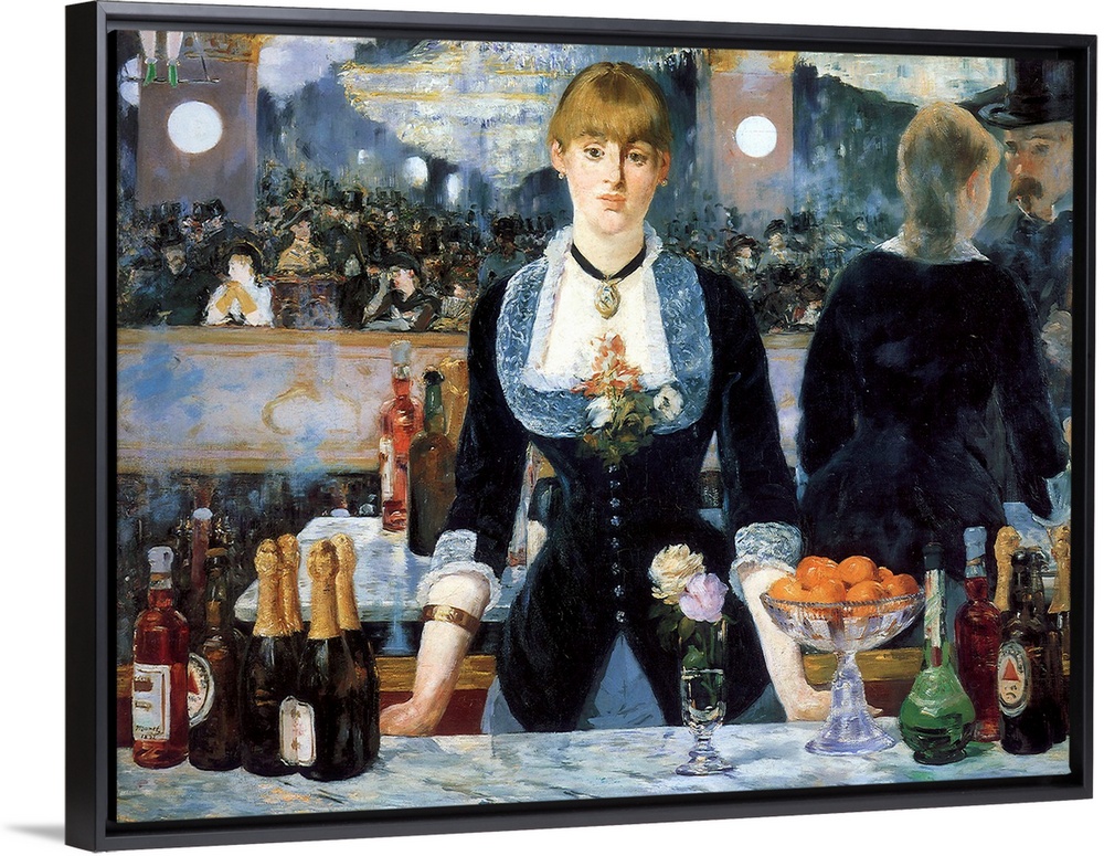 Painting of a waitress behind a counter covered with alcohol bottles with a mirror behind her showing a crowded restaurant.