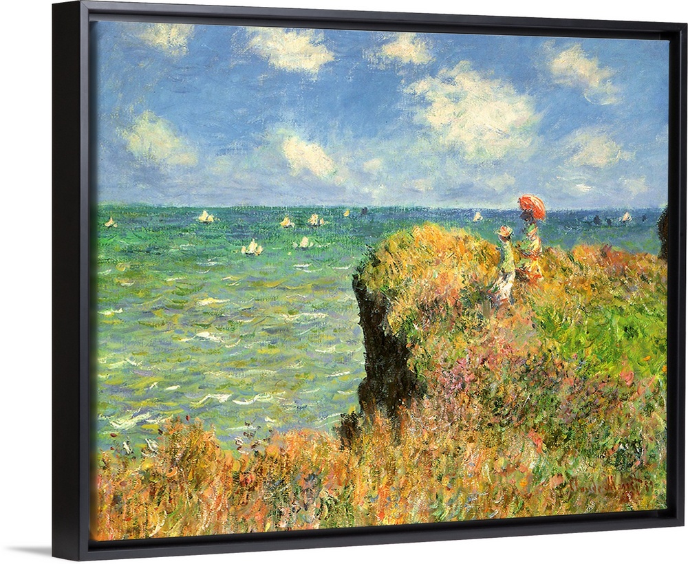 Painting of people on grassy cliff overlooking ocean full of sailboats under a cloudy sky.