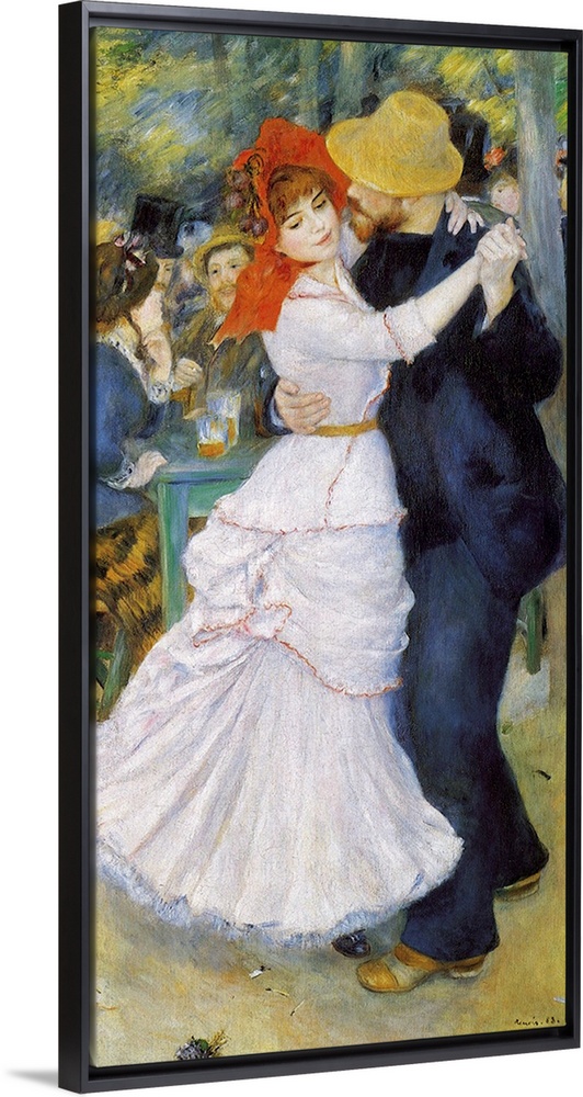 Oversized, vertical painting of a man and woman dancing as a  crowd of people sit and converse behind them.  The woman wea...
