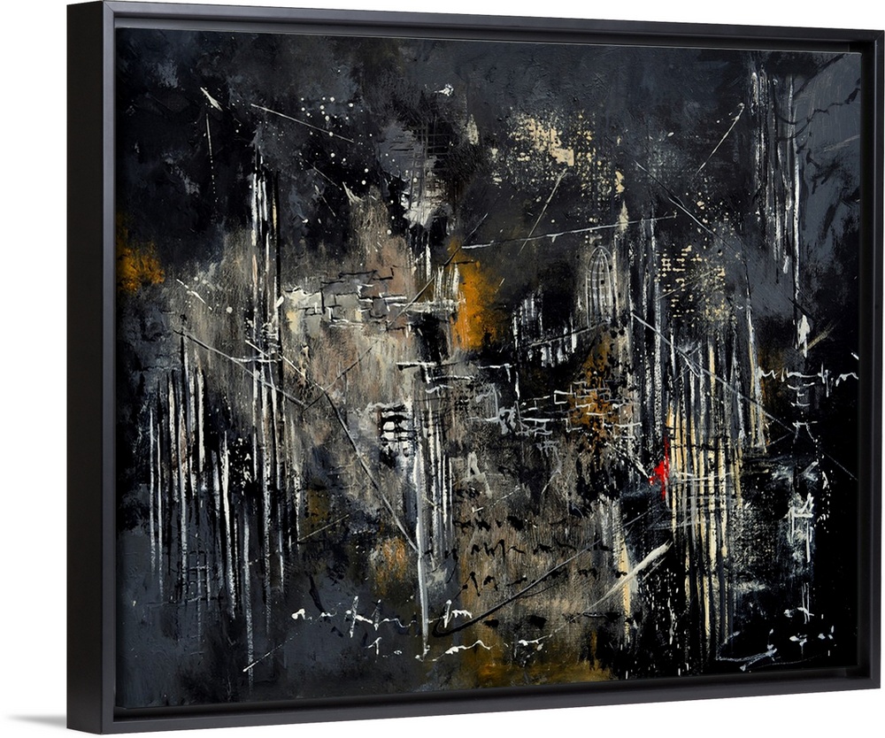 Abstract painting in dark shades of black, white and gray with splatters of paint overlapping and vertical lines.