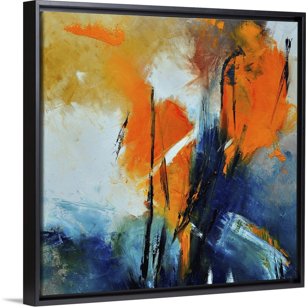 A square abstract painting with deep textured colors of orange and blue.