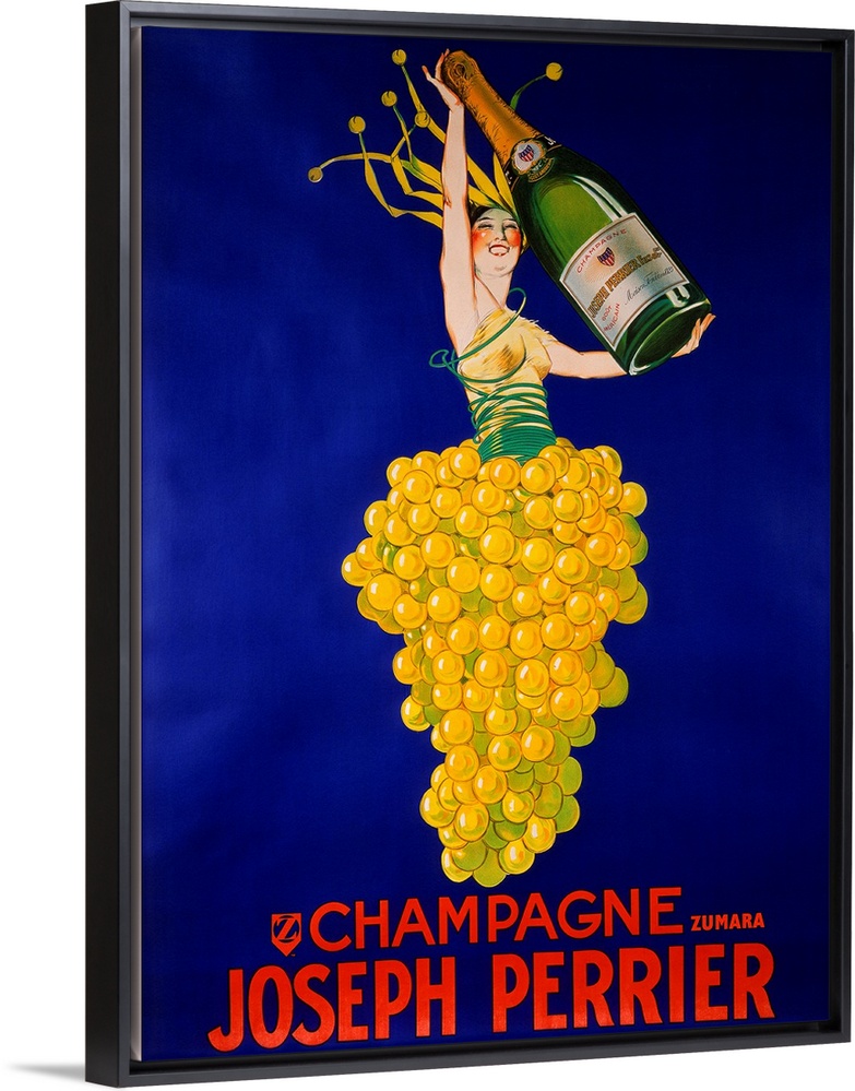 This large vintage poster shows a person in a bushel of grapes holding a large champagne bottle. Red text is printed below.