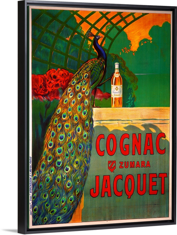 A vintage style poster of a peacock standing under a trellis with its foot perched on a bottle of liquor.