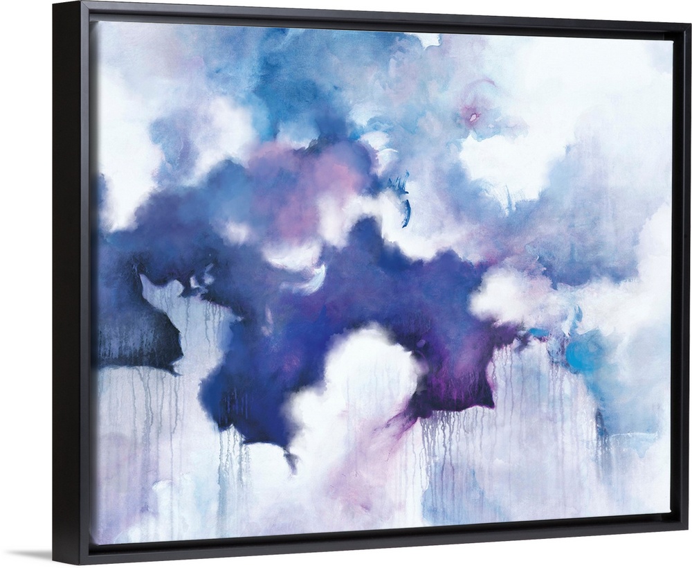 Abstract contemporary painting in blue and purple tones, resembling a cloudy sky.