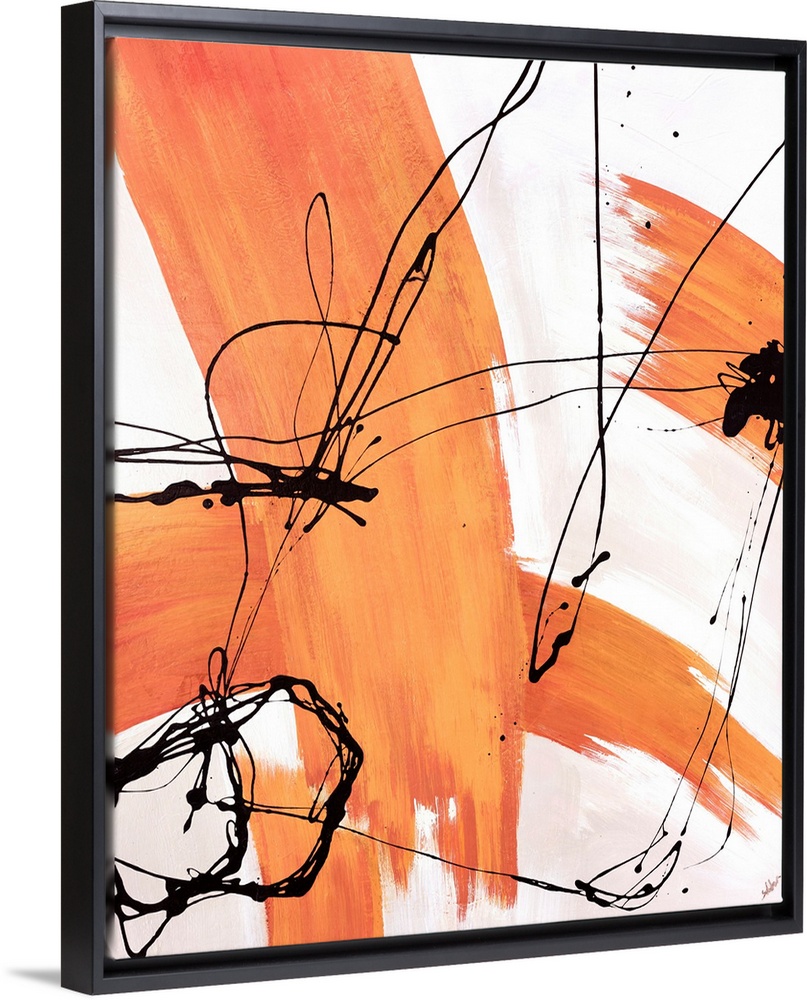 Abstract modern art featuring colored thick and thin line streaks on a neutral background.