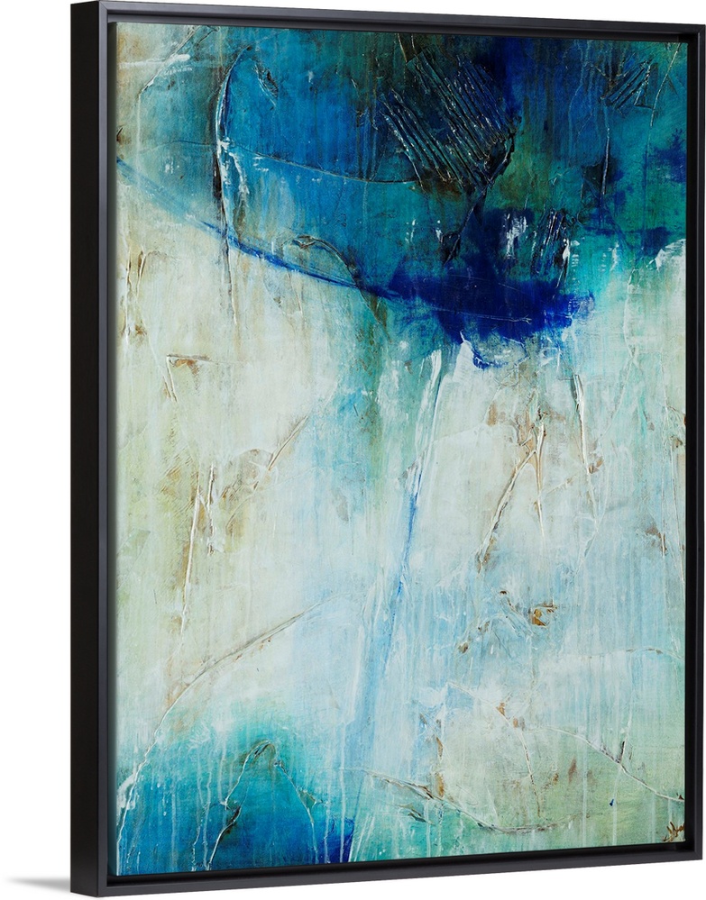 Abstract art of a large mass of cool colors at the top, with a single line of blue that leads downward toward a smaller ma...