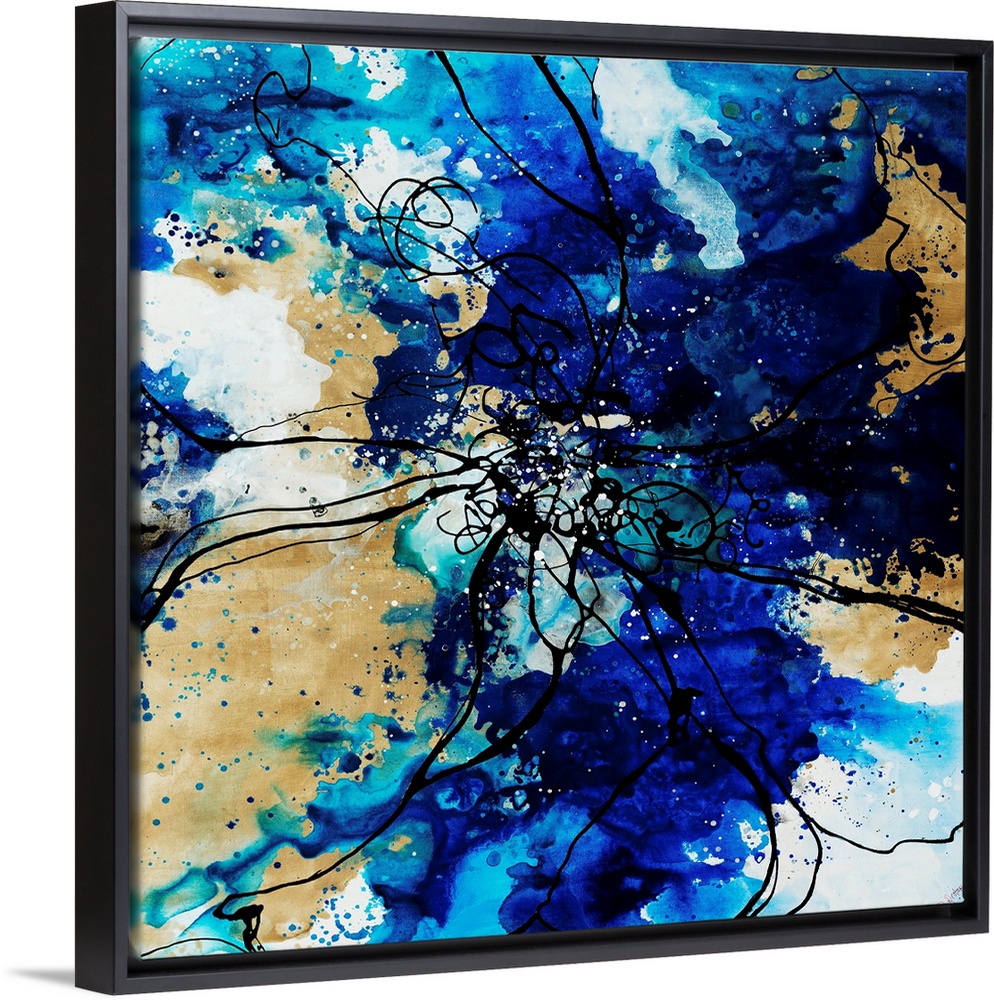 Outline of flower over a watercolor background painting in various shades of blue.