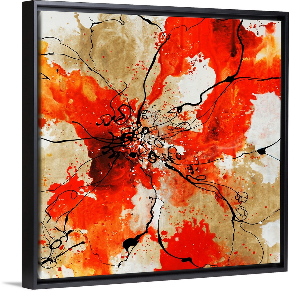 Outline of flower over a watercolor background painting in various shades of red and orange.