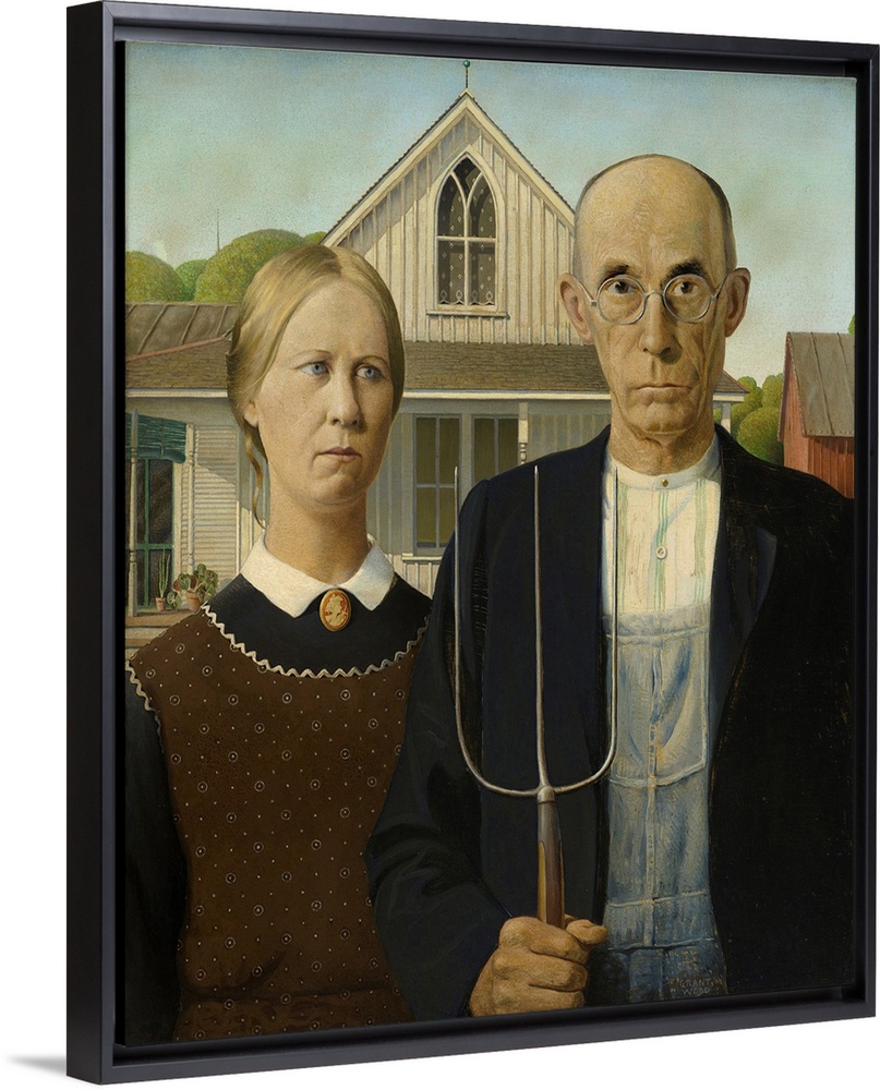 American Gothic, 1930 (originally oil on beaver board) by Wood, Grant (1891-1942).