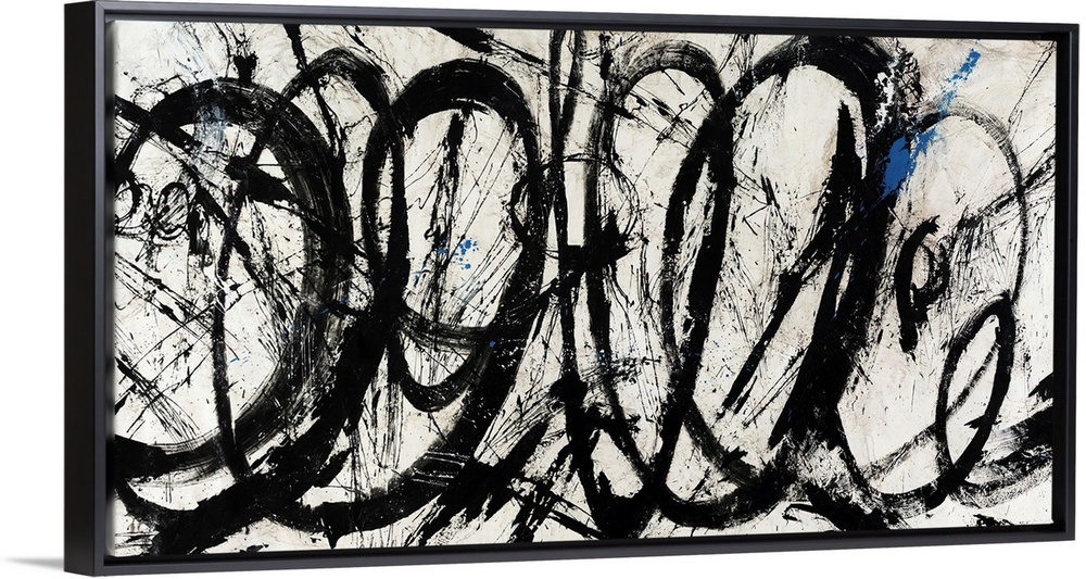 An abstract piece of artwork that has swirls of black paint throughout the panoramic print.