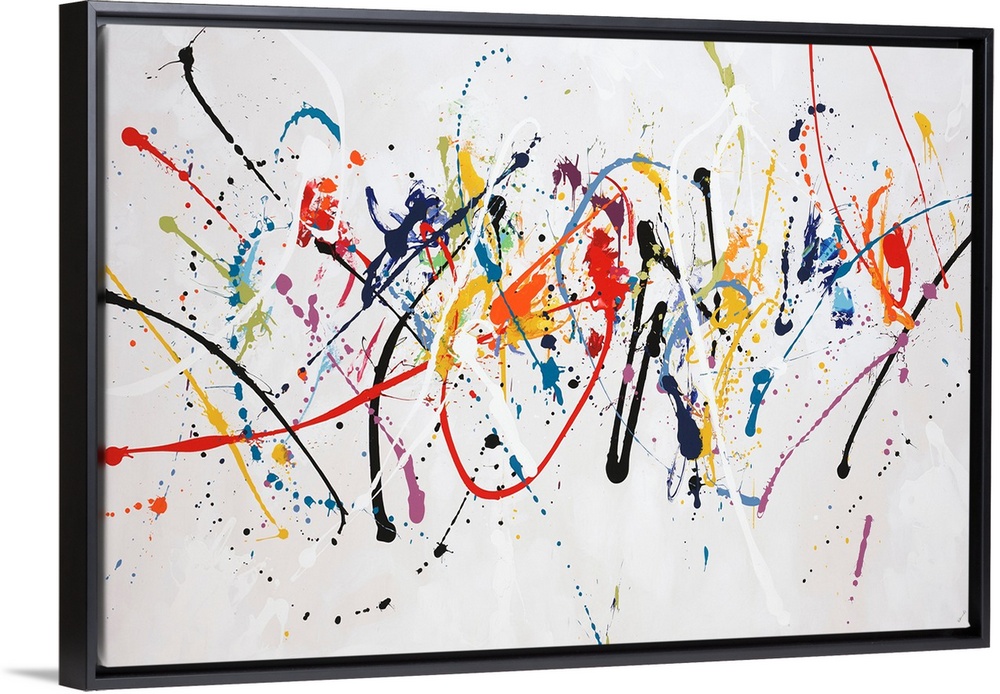 Fun, contemporary painting of multi-colored paint splatters.