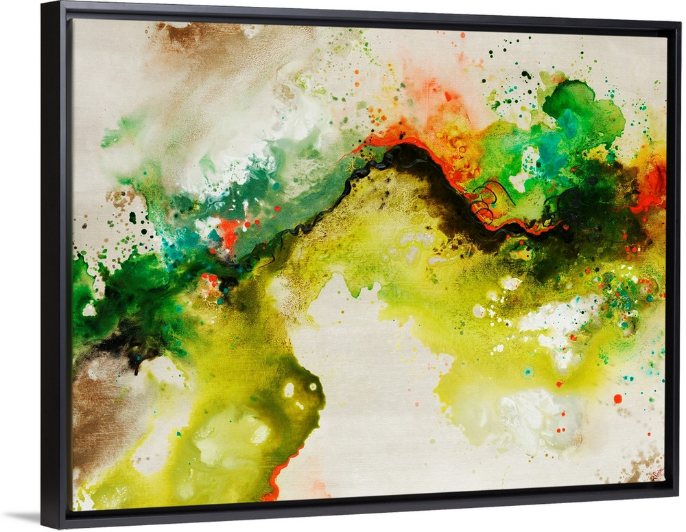 Abstract painting of a fluid green line over a neutral background adorned with multi-color paint splatters.