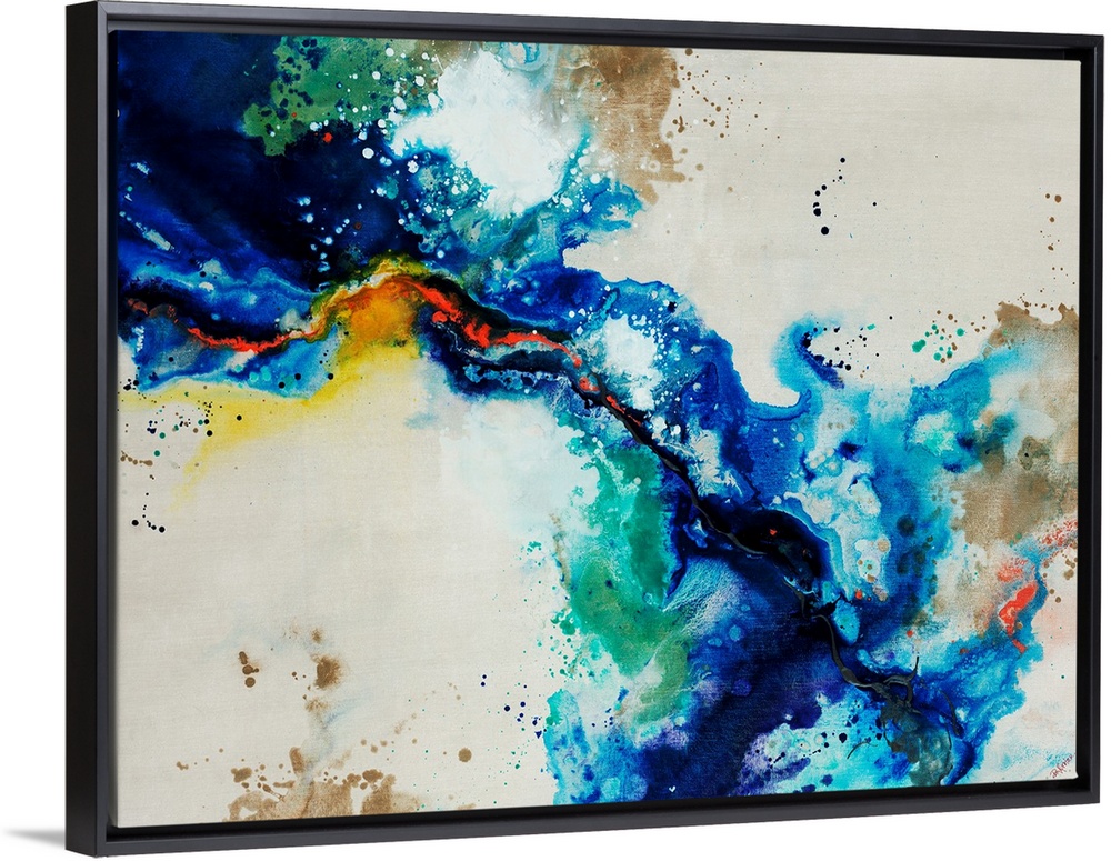 Abstract painting of a fluid blue line over a neutral background adorned with multi-color paint splatters.