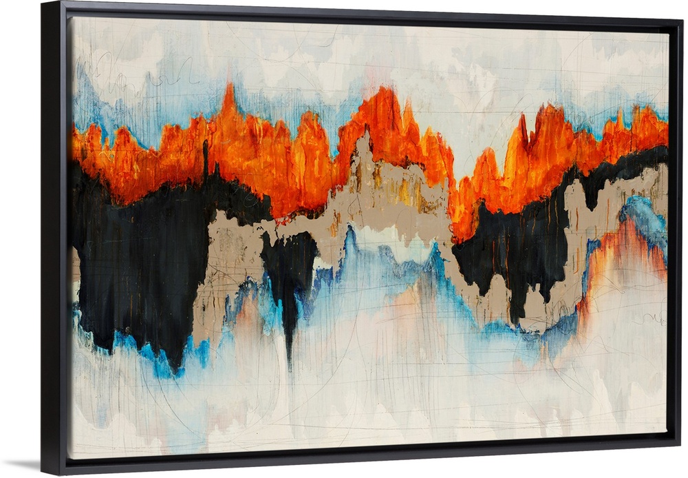 Contemporary abstract painting with jagged bright orange, tan, black and light blue lines over a cream background.