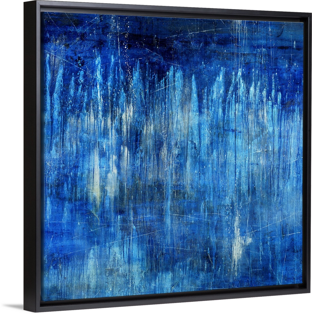 Big, landscape, abstract painting in blue tones of light vertical streaks in transitioning blue tones on a darker backgrou...