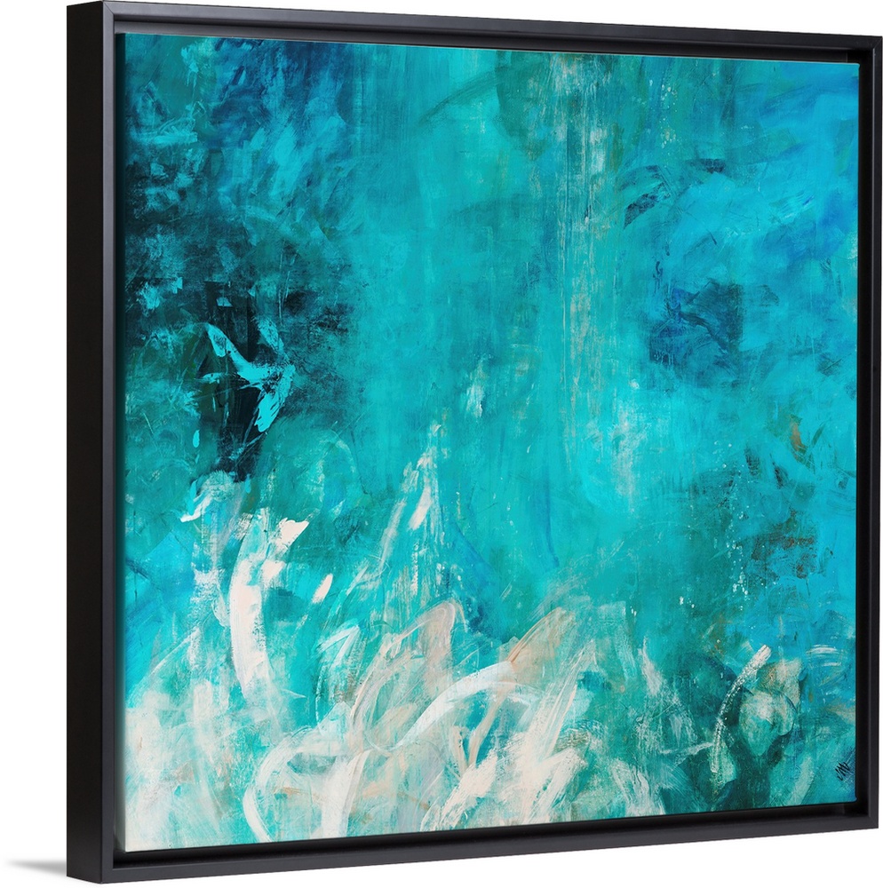 Contemporary abstract painting with cool colored brush strokes varying in length and direction.