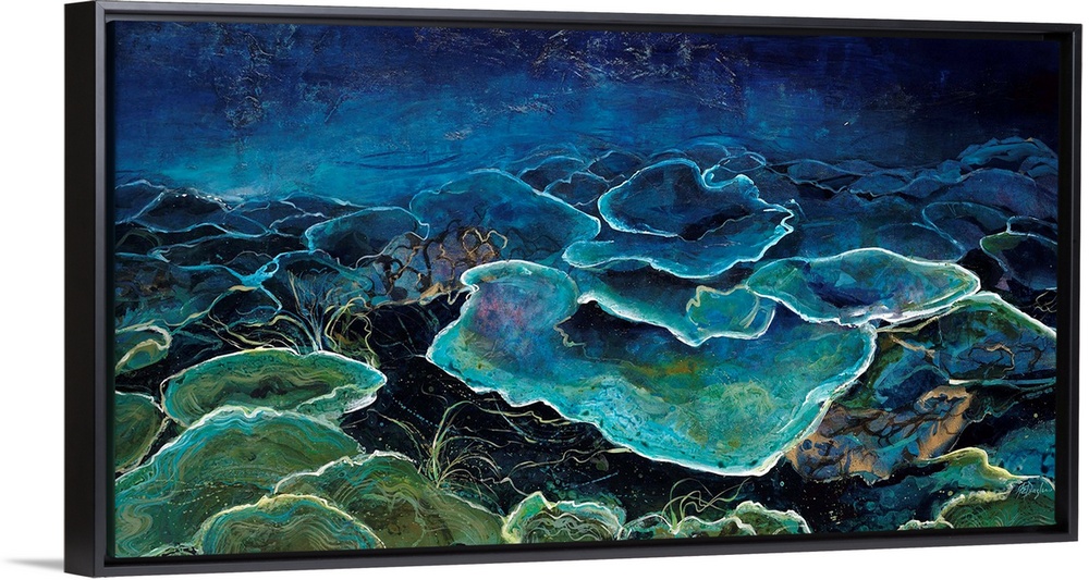 Contemporary underwater scene done in vibrant blue and green shades.