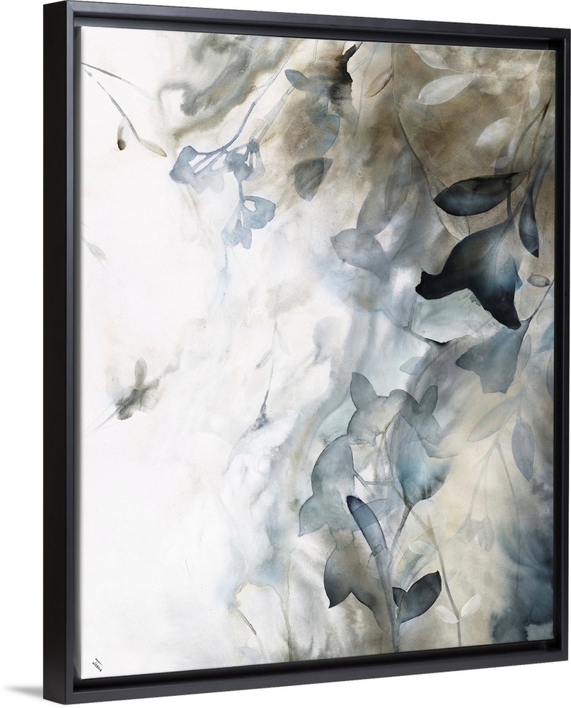 Dark toned silhouettes of flowers running along the right side of the canvas in blue and brown hues.