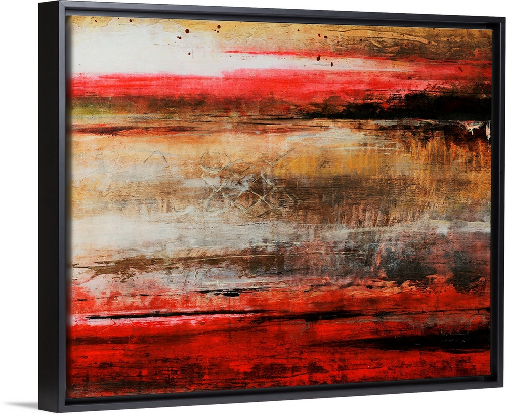 Abstract artwork painted with rich scarlet red and rich brown tones.