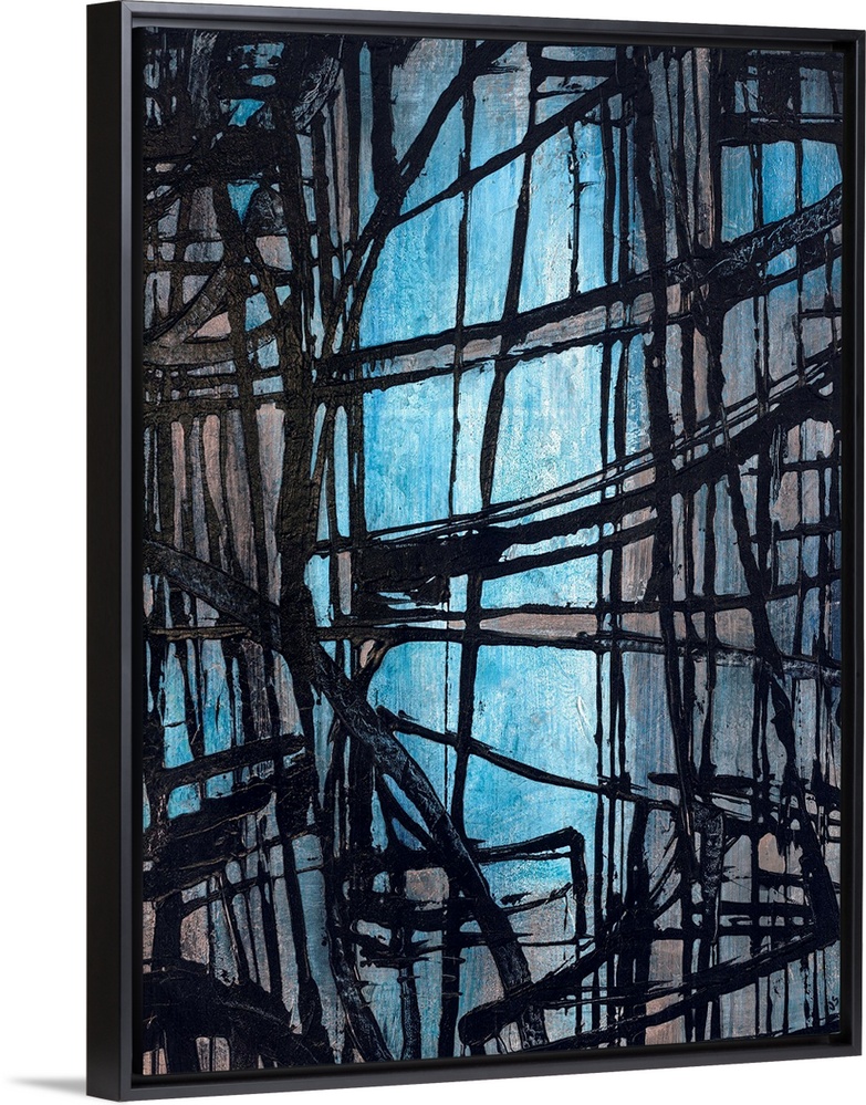 Portrait, oversized, abstract art of rough, dark lines, intersecting in various directions on a light colored background.