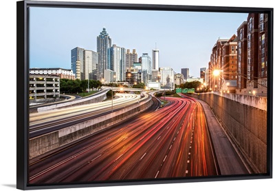 Atlanta, Georgia skyline at dusk with light trails