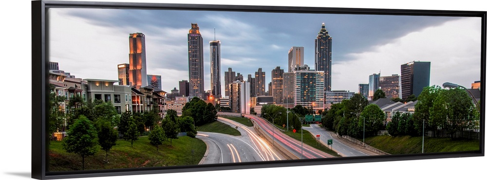 Panoramic photo of skyscrapers in the Atlanta, Georgia skyline in the late afternoon.