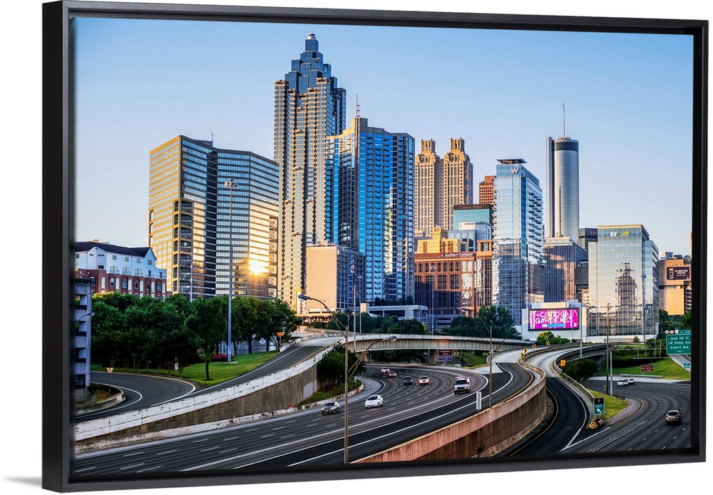 Morning sunlight reaching the skyscrapers of Atlanta, Georgia, see from the freeway.