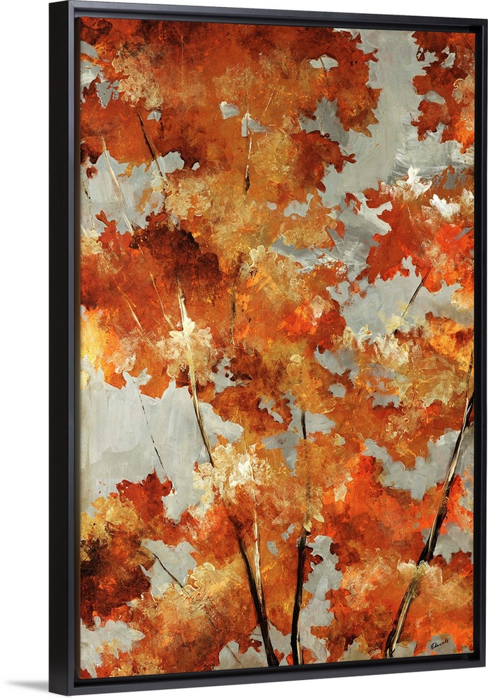 Painting of autumn leaves in varying fall shades from metallic gold to bright orange to burnt sienna.