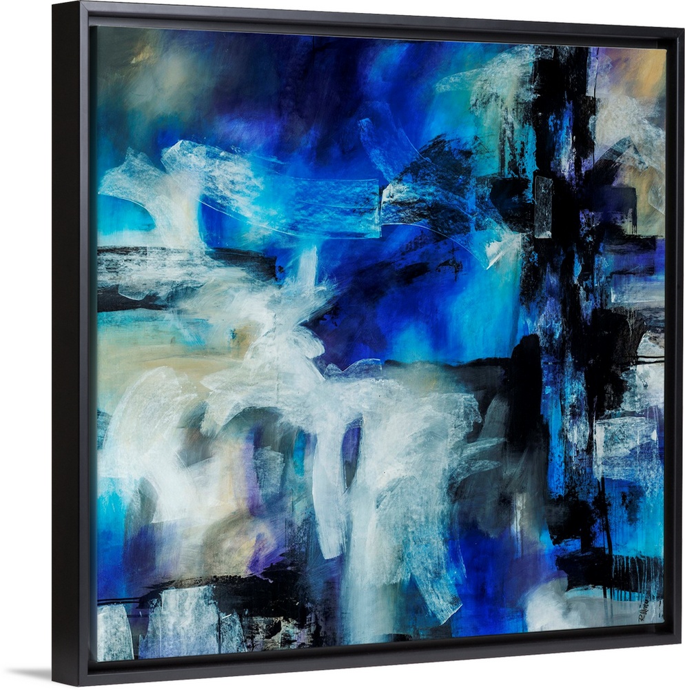 Abstract artwork painted with bright blue tones underneath thick black and white brushstrokes.