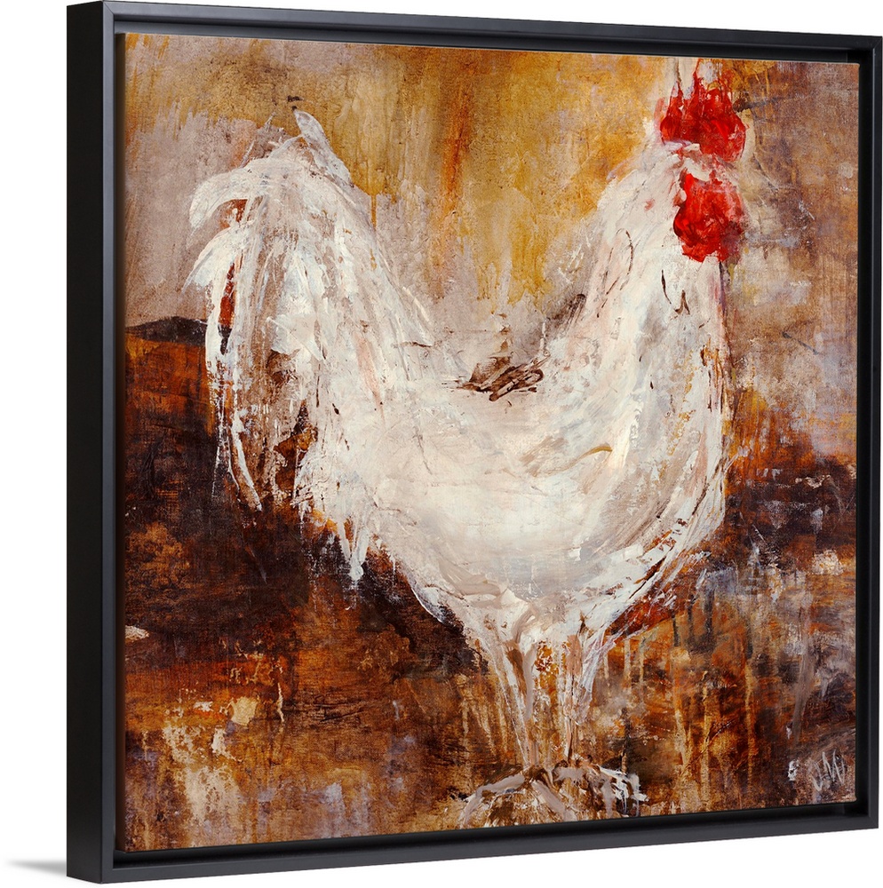 Contemporary painting of chicken up close against a dark background. The image is created using sloppy brush strokes with ...