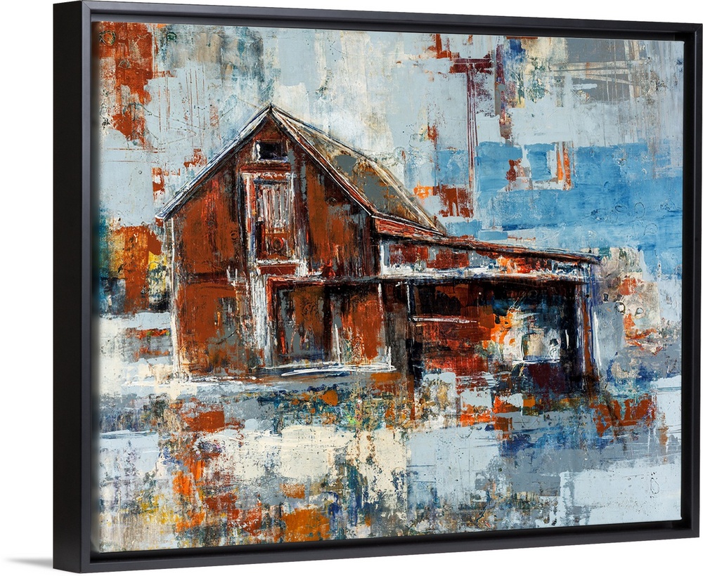 Abstracted artwork of a barn painted with rust colored browns that contrast beautifully with cool blue and gray tones.