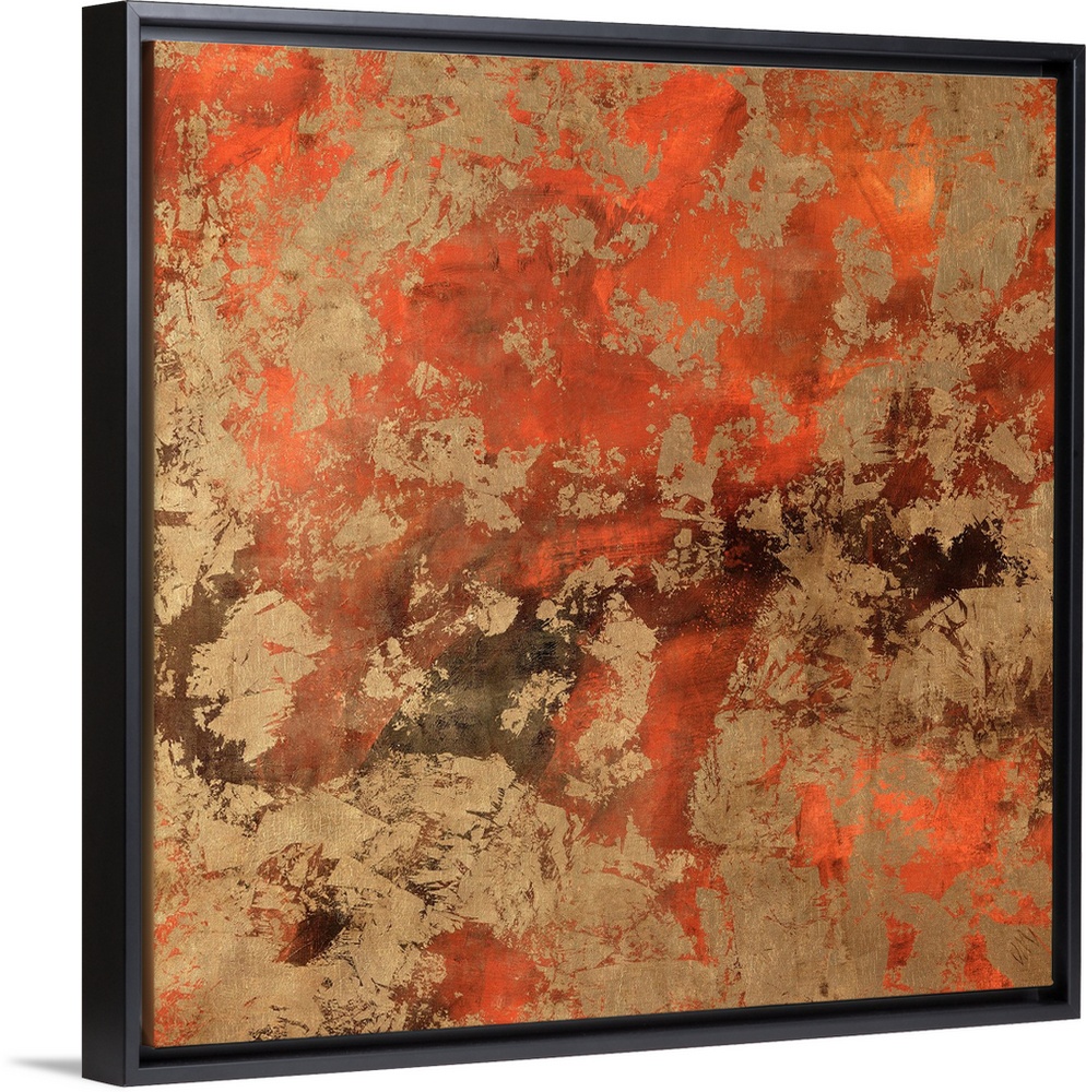 Warm color abstract art of brilliant colors peeking through a worn golden surface.