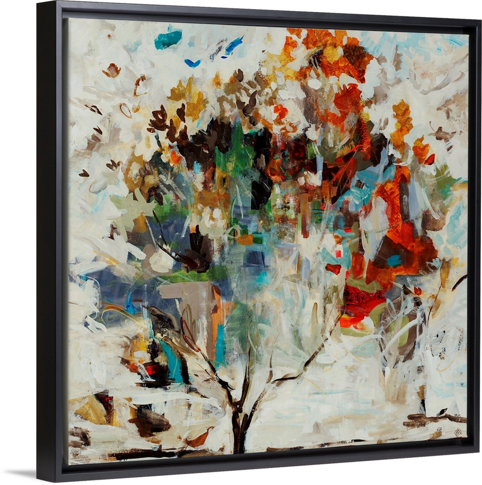 Contemporary painting of a single tree with vibrant leaves and branches, on a background filled with multicolored patches ...
