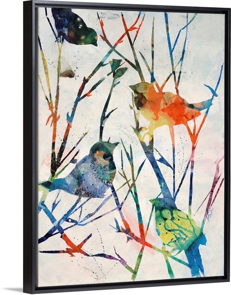 Contemporary art of four multicolored birds perched on bare tree branches that are vibrantly colored also.