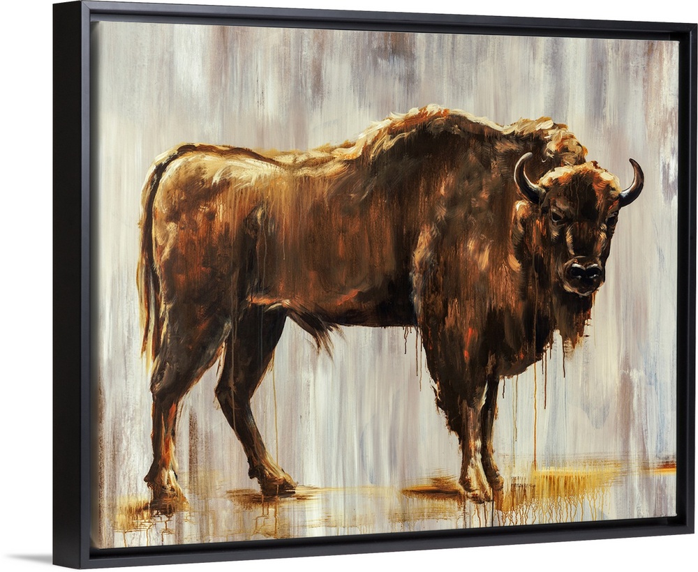 Contemporary portrait of a bison in front of a gray-streaked background.