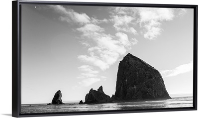 Black and White Haystack Rock With Moon, Cannon Beach, Oregon
