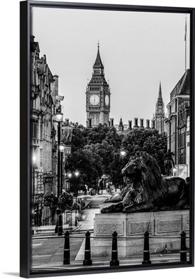 Black and White Trafalgar Square and Big Ben, London, England, UK