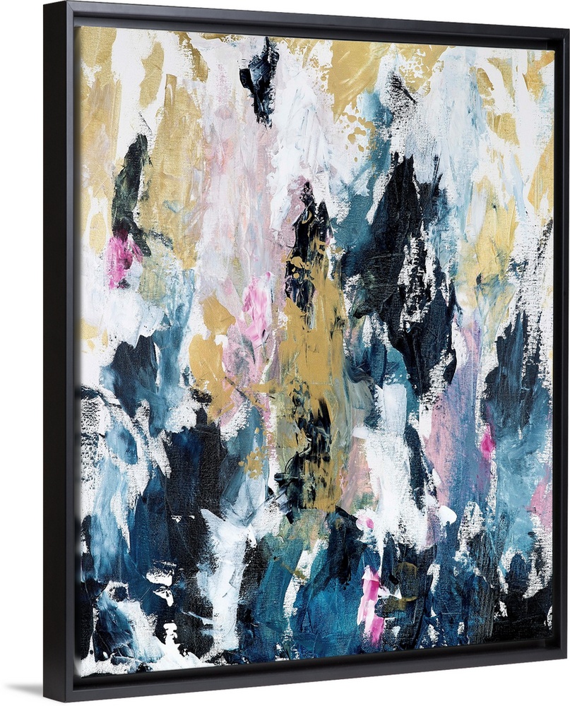 Vertical complementary abstract in short, textured, vertical strokes of blue, pink and gold.