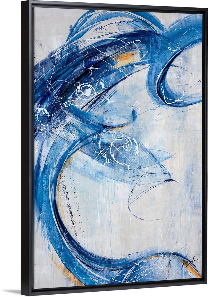 Contemporary painting of energetic blue brushstrokes that sweep over this vertical composition and its light gray background.