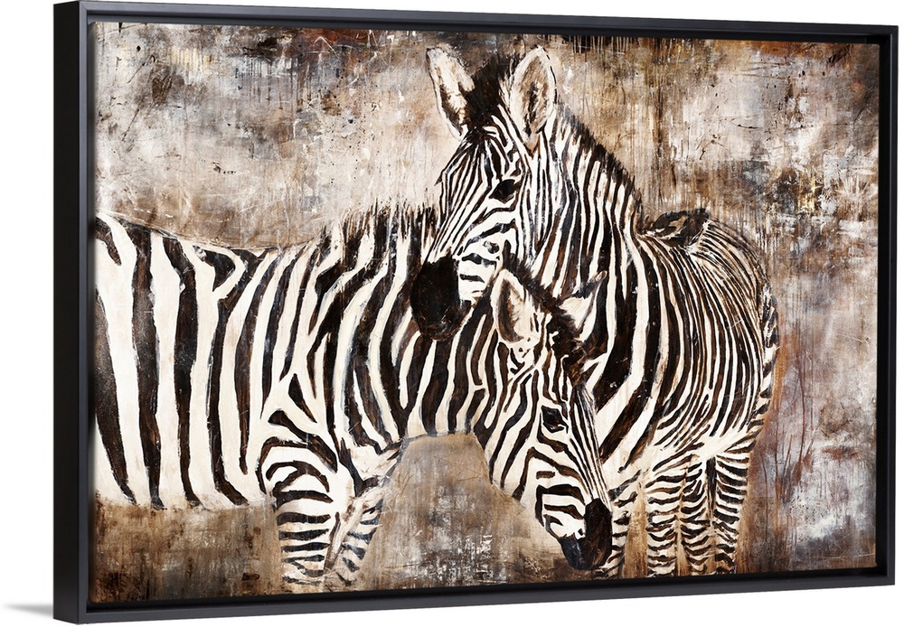 Contemporary portrait of two zebras embracing in front of an earth-toned background.