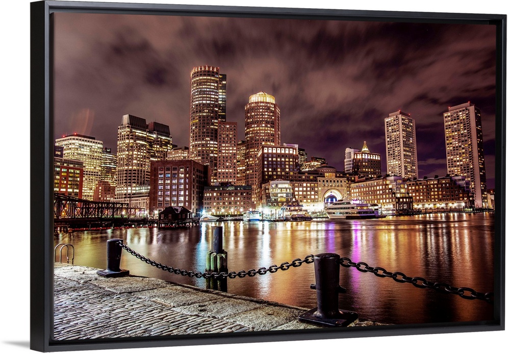 Photo of Boston city skyline and waterfront from the view of the Harborwalk.