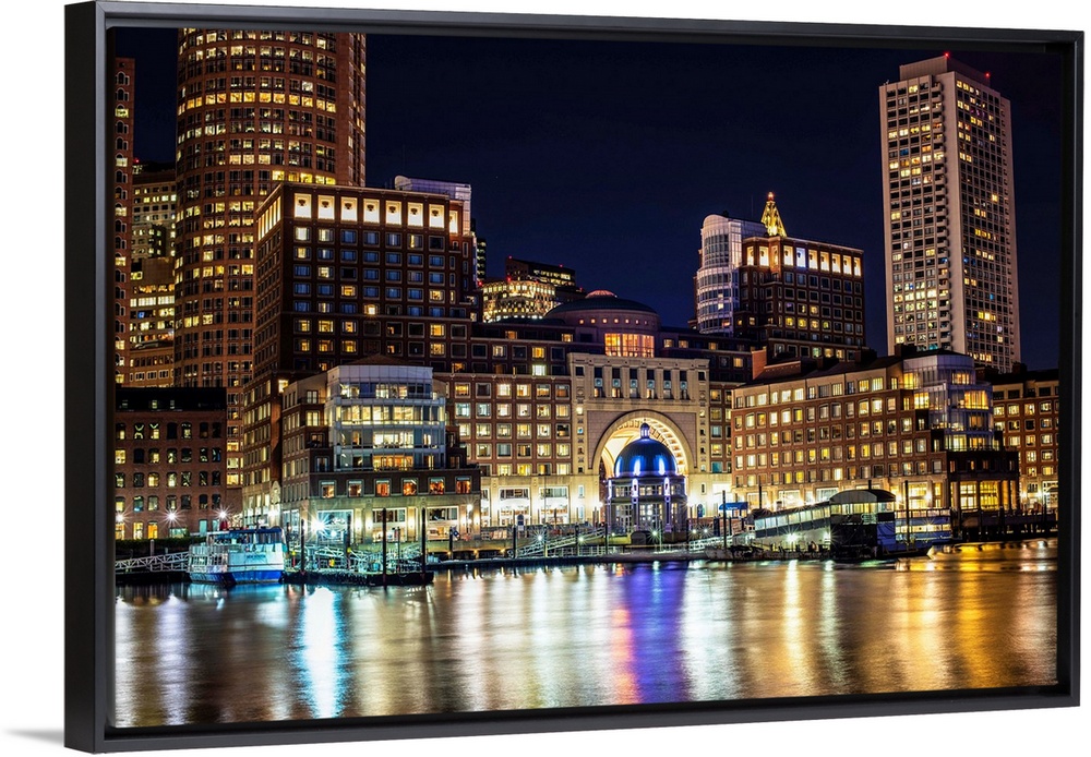 View of Boston city skyscrapers and the Marina at Rowes Wharf.