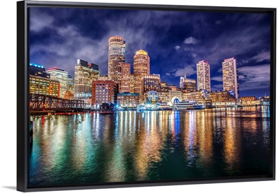 Boston Skyline At Night With Reflecting Lights