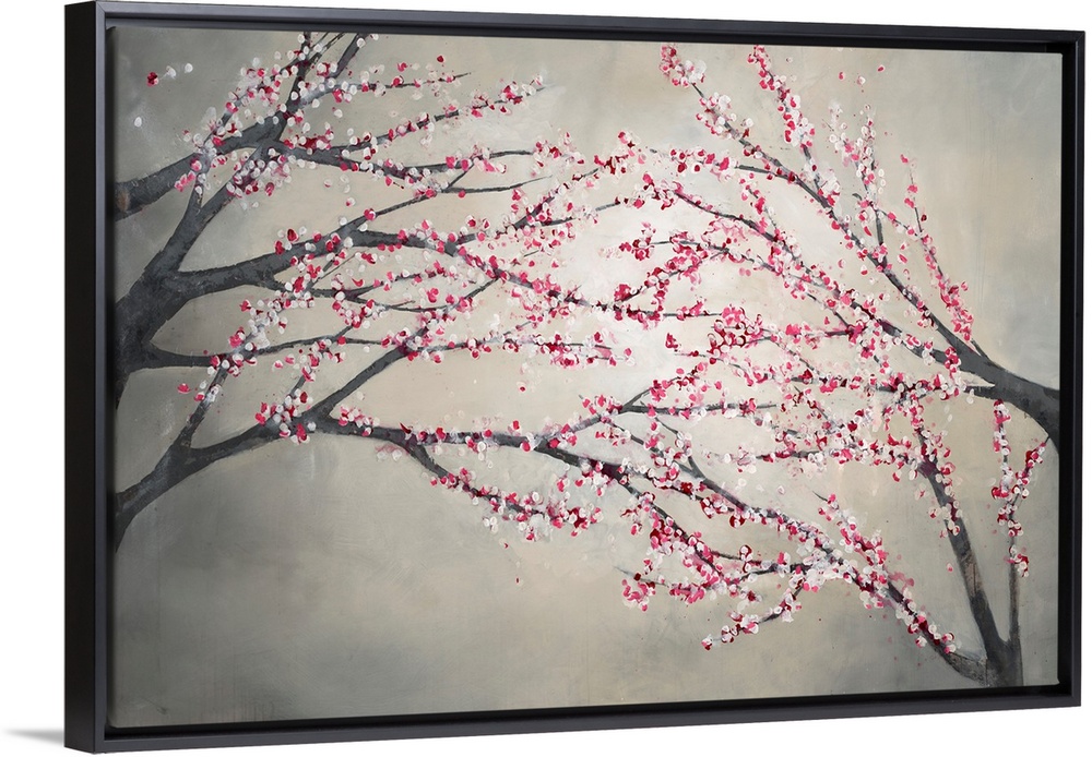 Contemporary painting of blossom covered tree branches on the right and left of the image, that appear to reach toward eac...