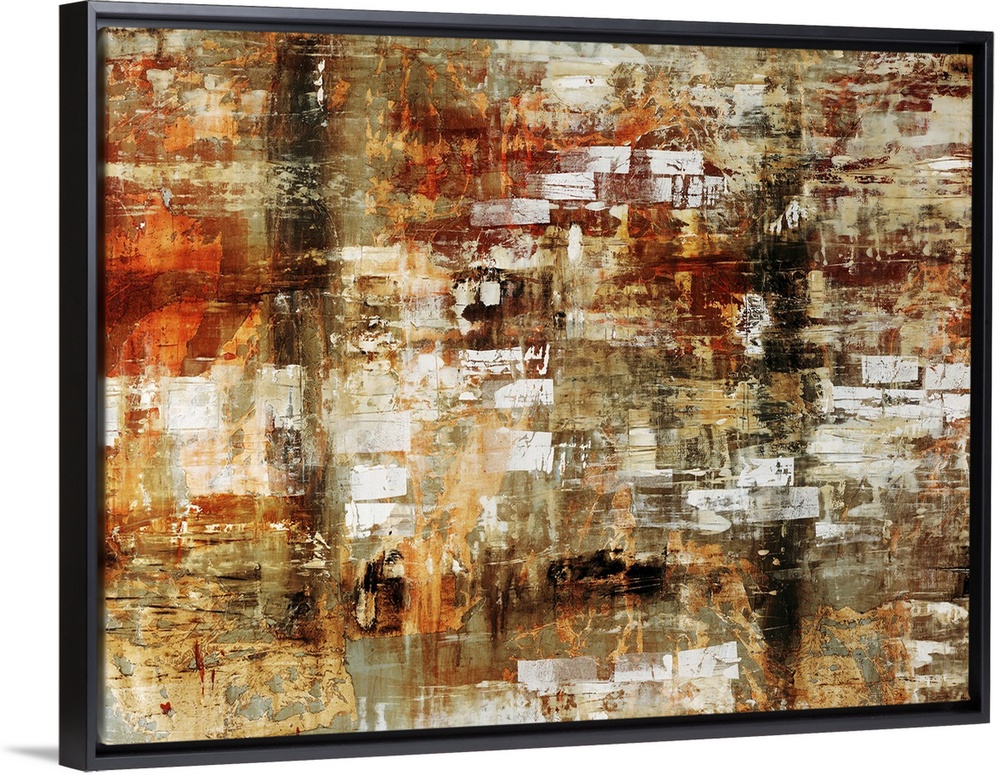 Grungy abstract painting of various earth toned colors on canvas.