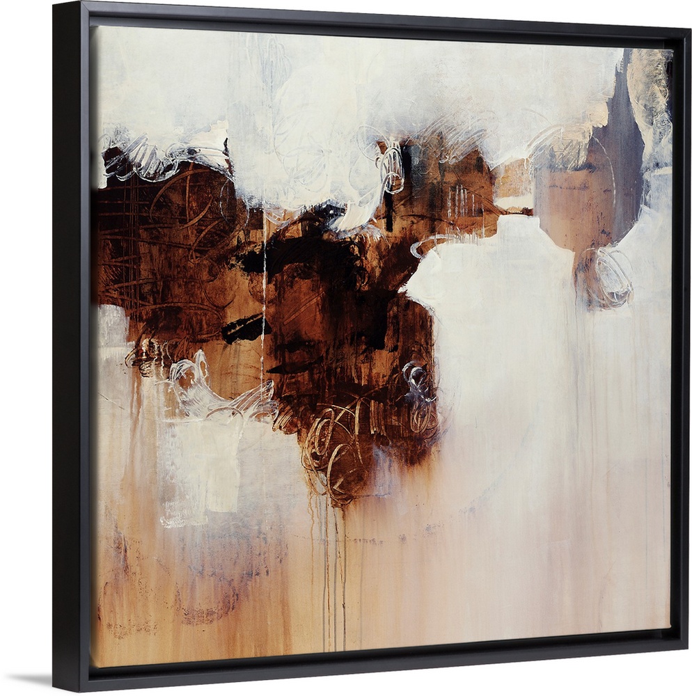 Abstract contemporary painting featuring white spaces swirling into a darker brown center, appearing to be made of rust an...