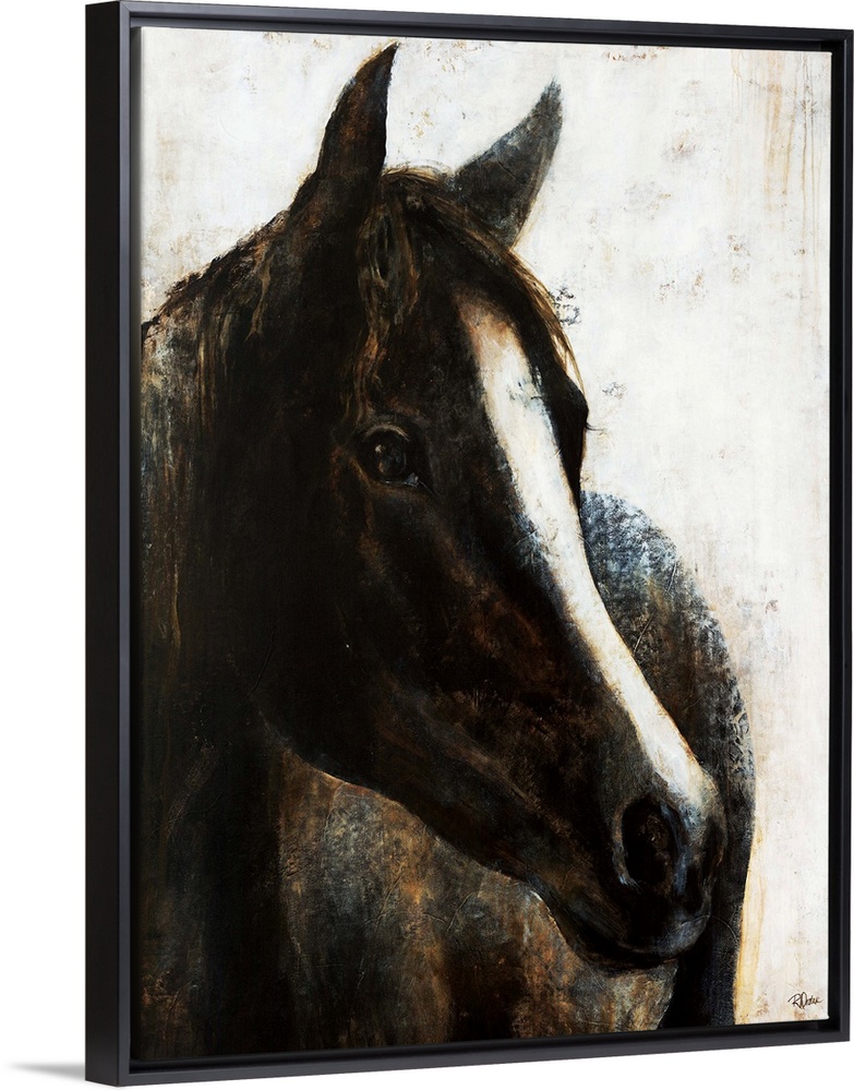 Contemporary painting of a black horse with a bold white stripe from it's forehead down to it's nose.